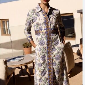 Oliphant sold out White Floral maxi Shirt Dress with Gold Trim